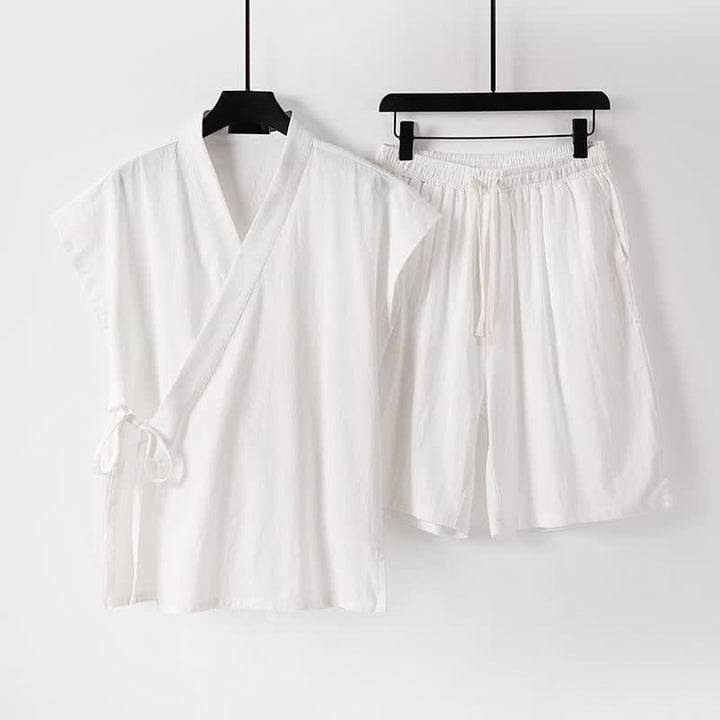 Buddha Stones 2Pcs Summer Meditation Tang Style Drawstring Solid Cotton Linen Short Sleeve Shirt Shorts Men's Meditation Cloth With Pockets - White - US/UK/AU54, EU64 (9XL) - image 13
