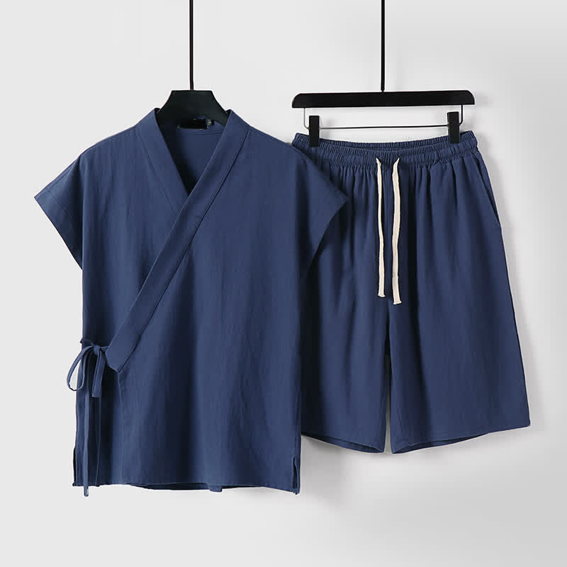 Buddha Stones 2Pcs Summer Meditation Tang Style Drawstring Solid Cotton Linen Short Sleeve Shirt Shorts Men's Meditation Cloth With Pockets - Navy - US/UK/AU54, EU64 (9XL) - image 0
