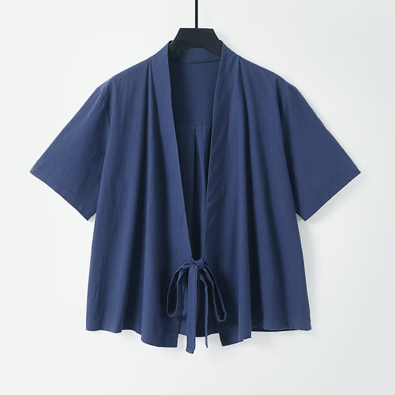 Buddha Stones Summer Casual Minimalist Short Sleeve Solid Lace-up Open Front Cotton Linen Men's Kimono - Navy - US/UK/AU54, EU64 (9XL) - image 5