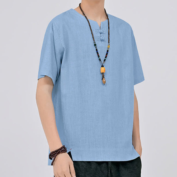 Buddha Stones Summer Tang Style Minimalist Two Frog Button Crew Neck Solid Men's Short Sleeve Shirts - image 15
