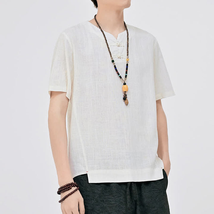 Buddha Stones Summer Tang Style Minimalist Two Frog Button Crew Neck Solid Men's Short Sleeve Shirts - image 1