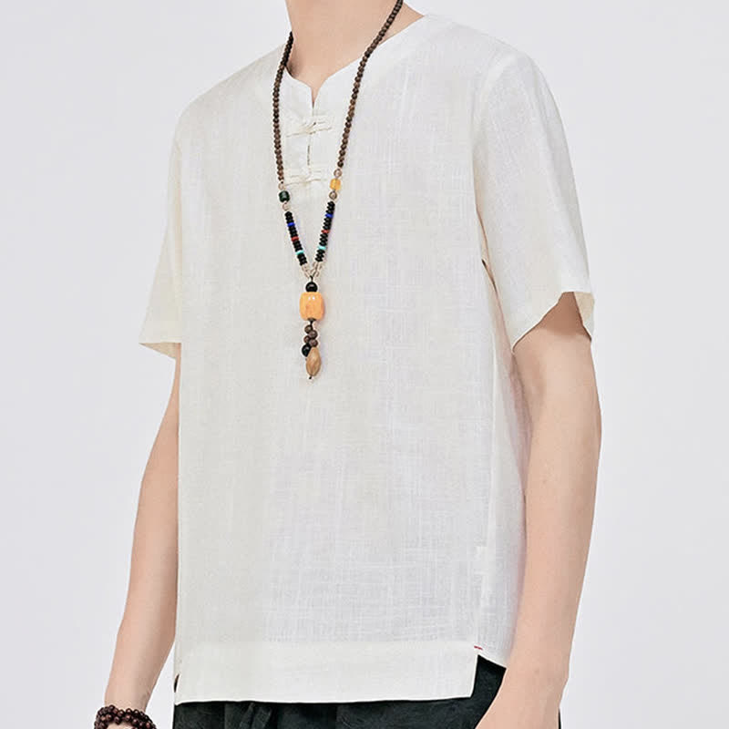 Buddha Stones Summer Tang Style Minimalist Two Frog Button Crew Neck Solid Men's Short Sleeve Shirts - image 5