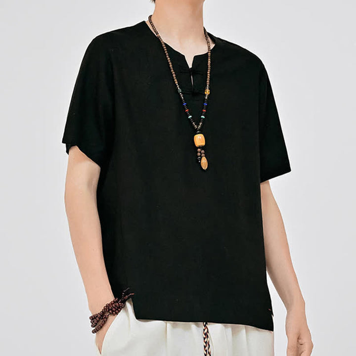 Buddha Stones Summer Tang Style Minimalist Two Frog Button Crew Neck Solid Men's Short Sleeve Shirts - image 12