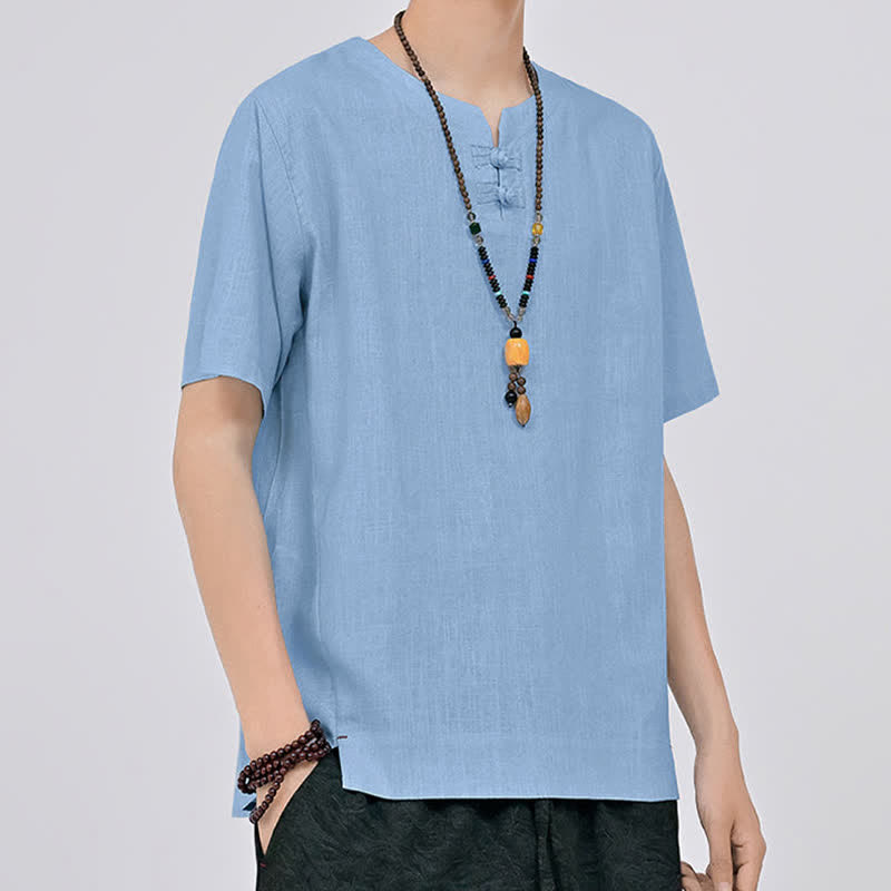 Buddha Stones Summer Tang Style Minimalist Two Frog Button Crew Neck Solid Men's Short Sleeve Shirts - image 20