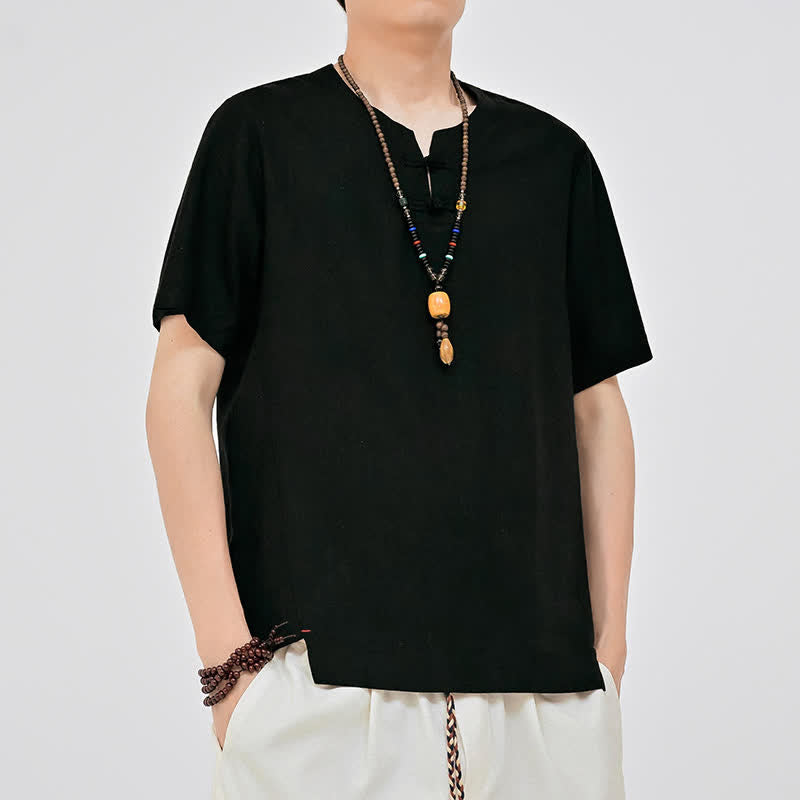 Buddha Stones Summer Tang Style Minimalist Two Frog Button Crew Neck Solid Men's Short Sleeve Shirts - image 8