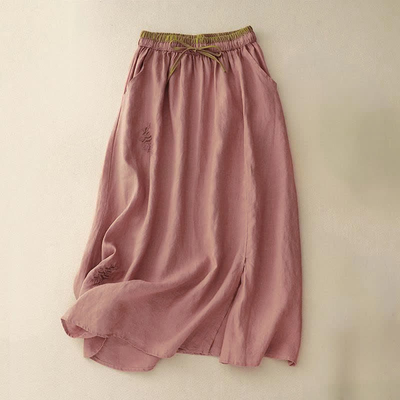 Buddha Stones Vintage Solid Embroidery Drawstring Women's Skirt With Pockets - Coral - US8-10，UK/AU12-14，EU40-42 (2XL) - image 18