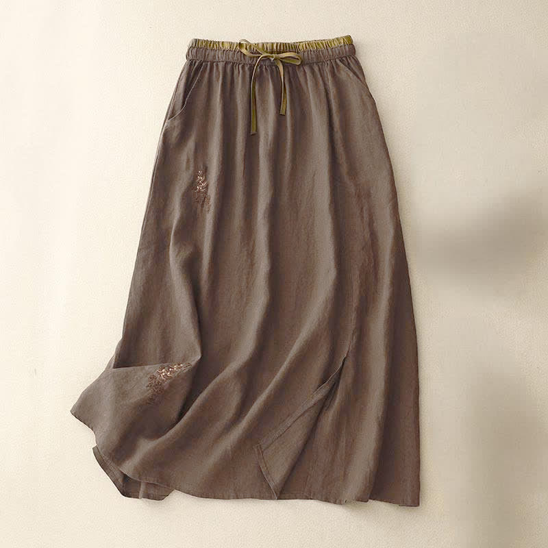 Buddha Stones Vintage Solid Embroidery Drawstring Women's Skirt With Pockets - SaddleBrown - US8-10，UK/AU12-14，EU40-42 (2XL) - image 14