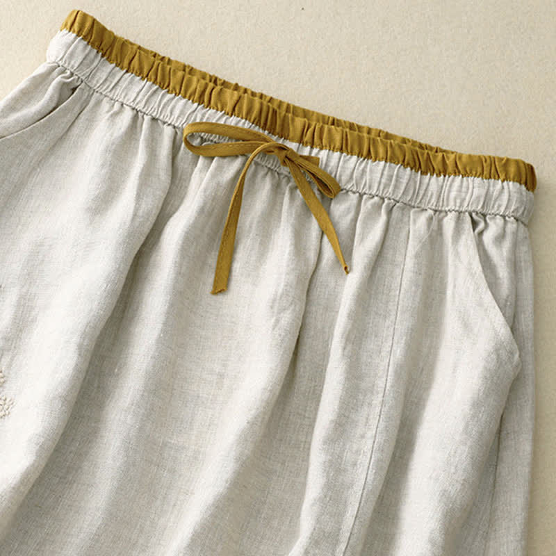 Buddha Stones Vintage Solid Embroidery Drawstring Women's Skirt With Pockets - image 7