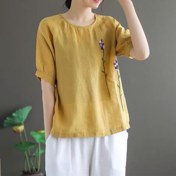 Buddha Stones Summer Vintage Embroidered Flower Pattern Women's Crew Neck Design T-Shirt - image 9