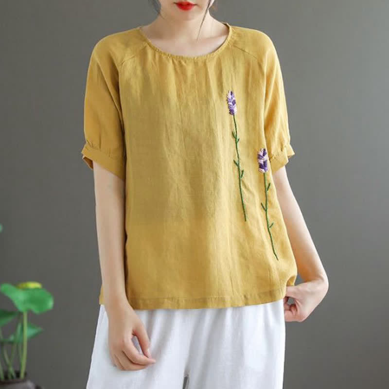 Buddha Stones Summer Vintage Embroidered Flower Pattern Women's Crew Neck Design T-Shirt - image 6