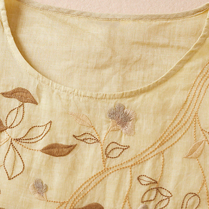 Buddha Stones Embroidered Leaf Crew Neck Half Sleeve Fiber Midi Dress - image 3