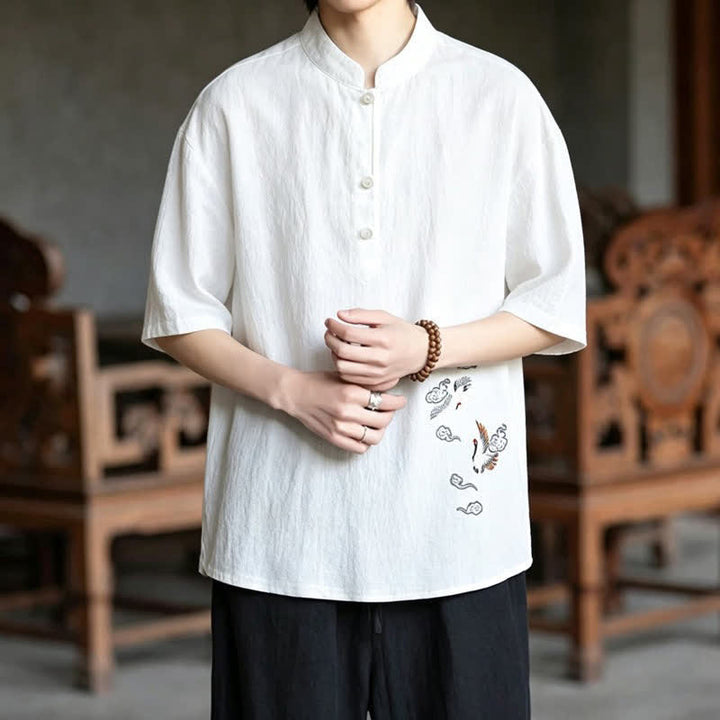 Buddha Stones Summer Tang Style Casual Mandarin Collar Embroidery Crane Men's Short Sleeve Shirts - image 2
