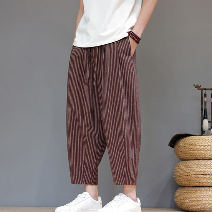Buddha Stones Summer Casual Minimalist Drawstring Striped Cotton Linen Capri Pants Men's Tapered Pants With Pocket - image 19