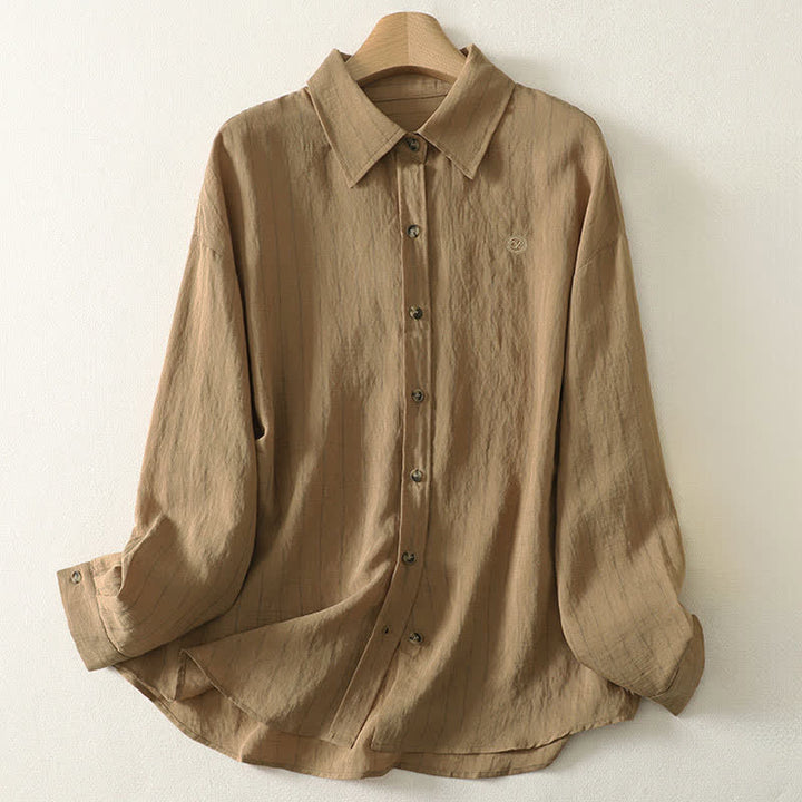 Buddha Stones Summer Casual Minimalist Button-Up Solid Women's Long Sleeve Shirts - Tan - US8-10, UK/AU12-14, EU40-42 (2XL) - image 0
