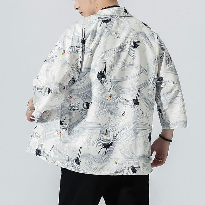 Buddha Stones Summer Casual Vintage Open Front Crane Wave Print Men's Kimonos - image 17