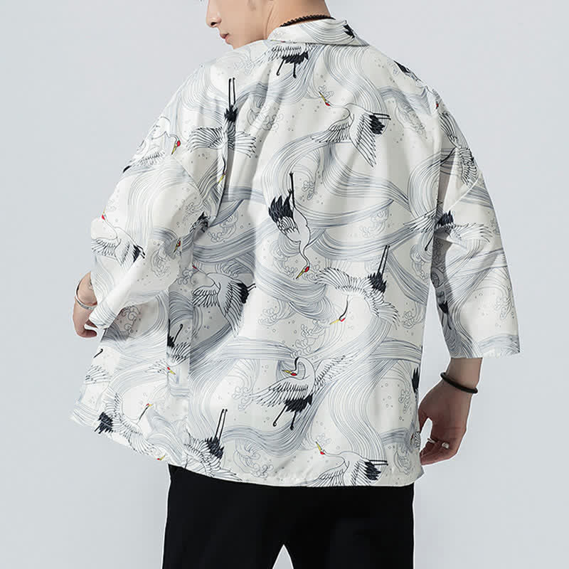 Buddha Stones Summer Casual Vintage Open Front Crane Wave Print Men's Kimonos - image 14