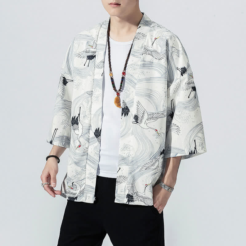 Buddha Stones Summer Casual Vintage Open Front Crane Wave Print Men's Kimonos - image 15