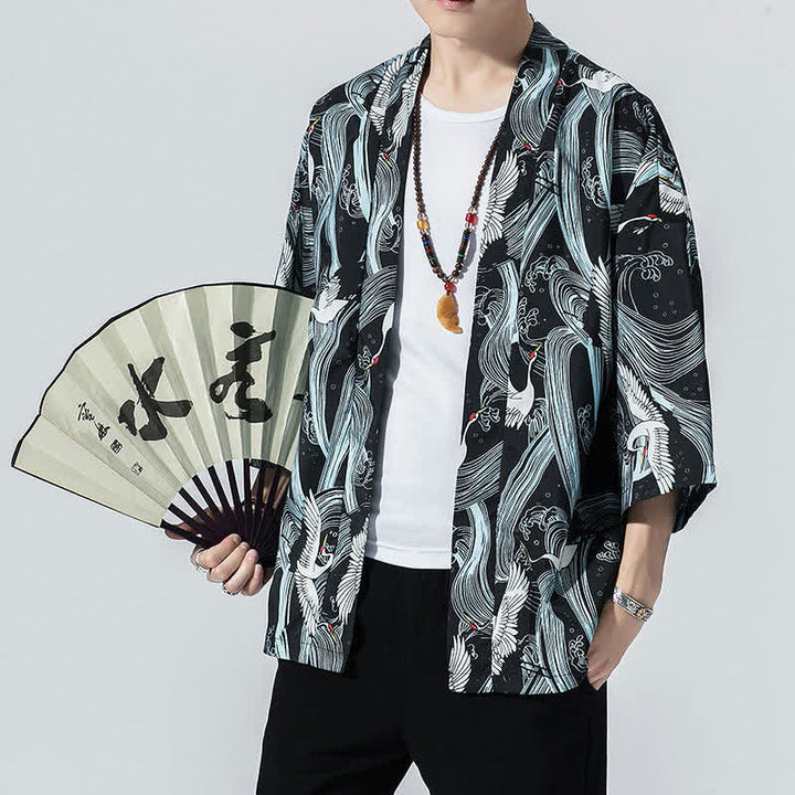 Buddha Stones Summer Casual Vintage Open Front Crane Wave Print Men's Kimonos - Navy - US/UK/AU46, EU56 (5XL) - image 0