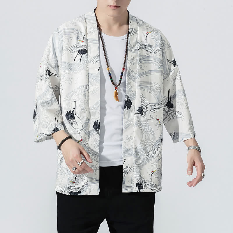 Buddha Stones Summer Casual Vintage Open Front Crane Wave Print Men's Kimonos - image 14