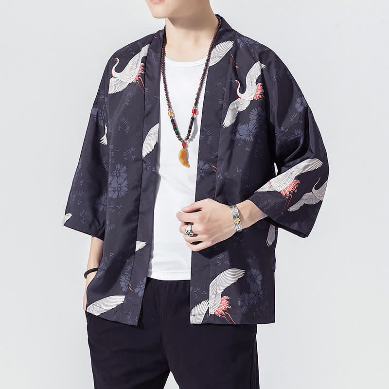 Buddha Stones Summer Casual Vintage Open Front Crane Wave Print Men's Kimonos - image 5