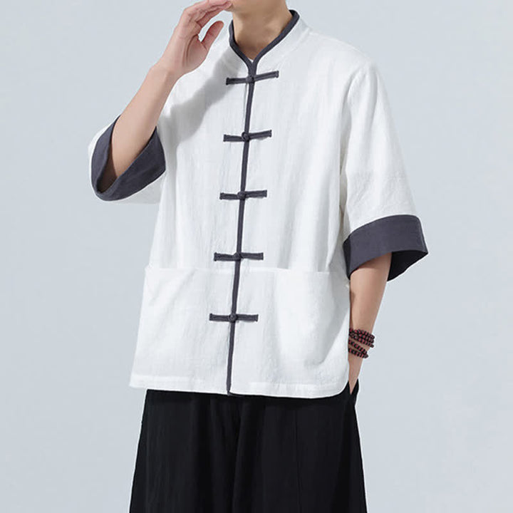 Buddha Stones Summer Casual Tang Style Frog Button Solid Cotton Men's Short Sleeve Shirts With Pocket - image 26