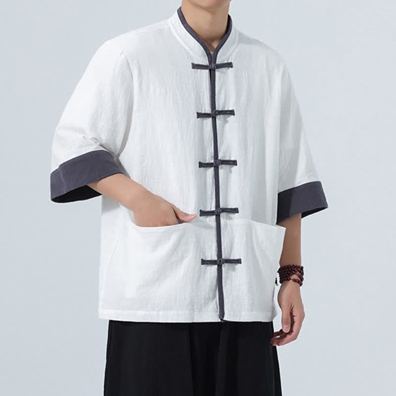 Buddha Stones Summer Casual Tang Style Frog Button Solid Cotton Men's Short Sleeve Shirts With Pocket - image 28