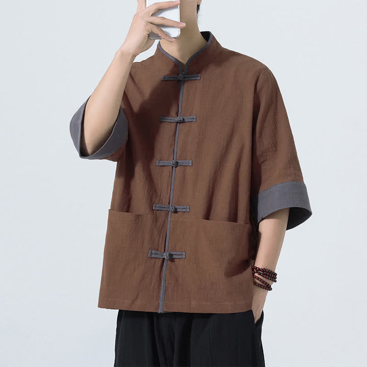 Buddha Stones Summer Casual Tang Style Frog Button Solid Cotton Men's Short Sleeve Shirts With Pocket - image 9