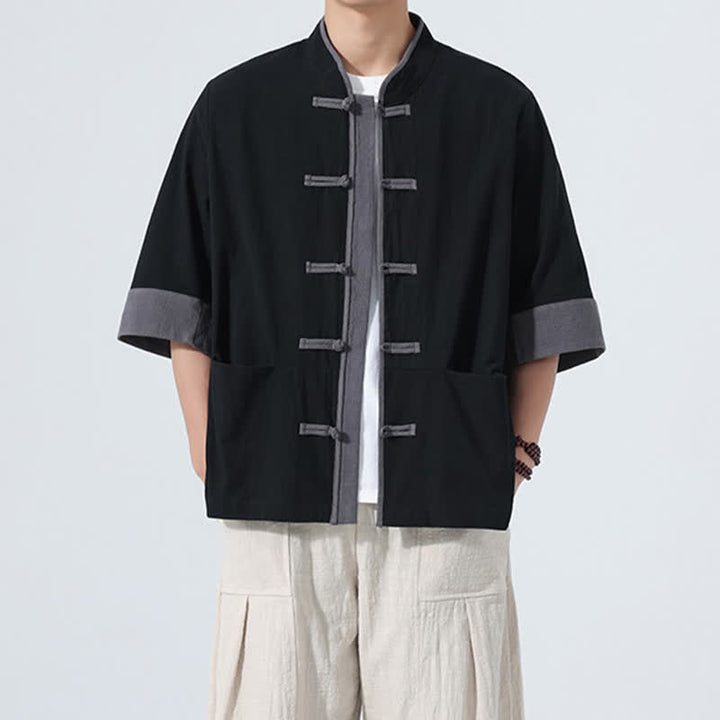 Buddha Stones Summer Casual Tang Style Frog Button Solid Cotton Men's Short Sleeve Shirts With Pocket - Black - US/UK/AU46, EU56 (5XL) - image 16