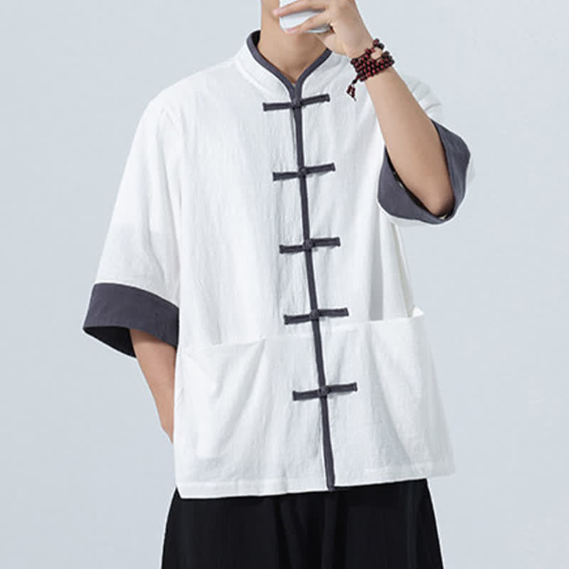 Buddha Stones Summer Casual Tang Style Frog Button Solid Cotton Men's Short Sleeve Shirts With Pocket - image 29