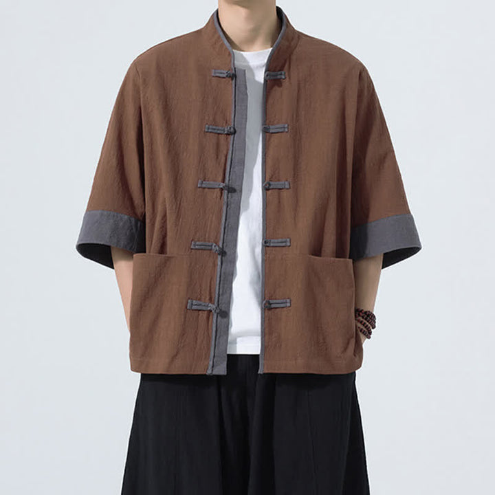 Buddha Stones Summer Casual Tang Style Frog Button Solid Cotton Men's Short Sleeve Shirts With Pocket - Sienna - US/UK/AU46, EU56 (5XL) - image 8
