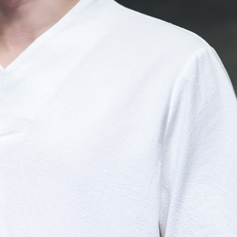 Buddha Stones Summer Casual Tang Style Mandarin Collar Solid Men's Short Sleeve Shirts - image 25