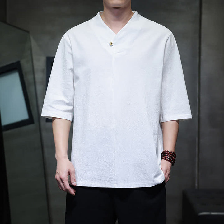 Buddha Stones Summer Casual Tang Style Mandarin Collar Solid Men's Short Sleeve Shirts - White - US/UK/AU46, EU56 (5XL) - image 18