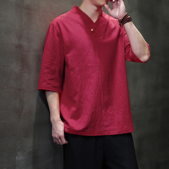 Buddha Stones Summer Casual Tang Style Mandarin Collar Solid Men's Short Sleeve Shirts - image 11