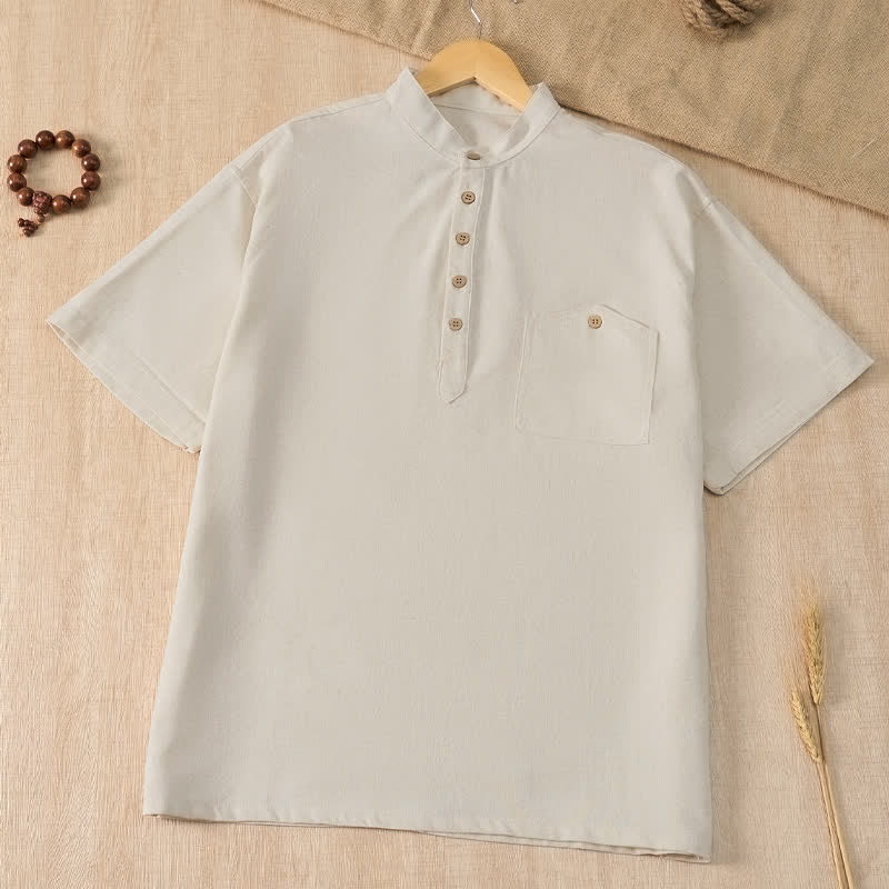 Buddha Stones Summer Casual Tang Style Mandarin Collar Solid Men's Short Sleeve Shirts With Pocket - Beige - US/UK/AU42, EU52 (3XL) - image 19