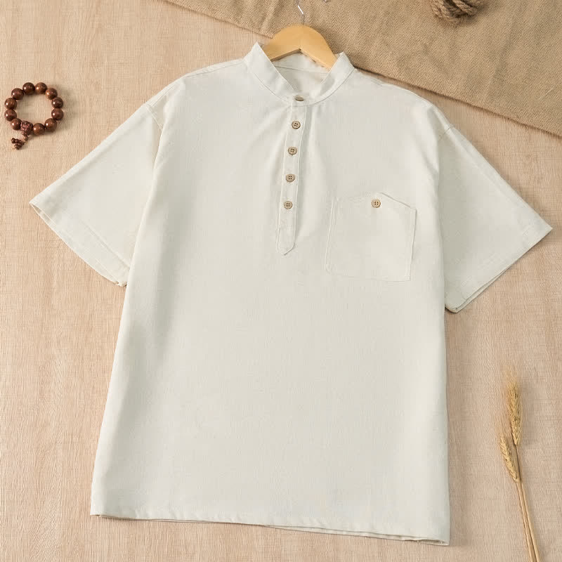 Buddha Stones Summer Casual Tang Style Mandarin Collar Solid Men's Short Sleeve Shirts With Pocket - White - US/UK/AU42, EU52 (3XL) - image 27