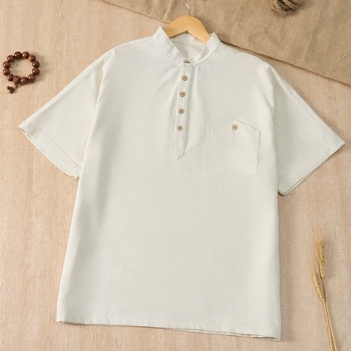 Buddha Stones Summer Casual Tang Style Mandarin Collar Solid Men's Short Sleeve Shirts With Pocket - White - US/UK/AU42, EU52 (3XL) - image 27