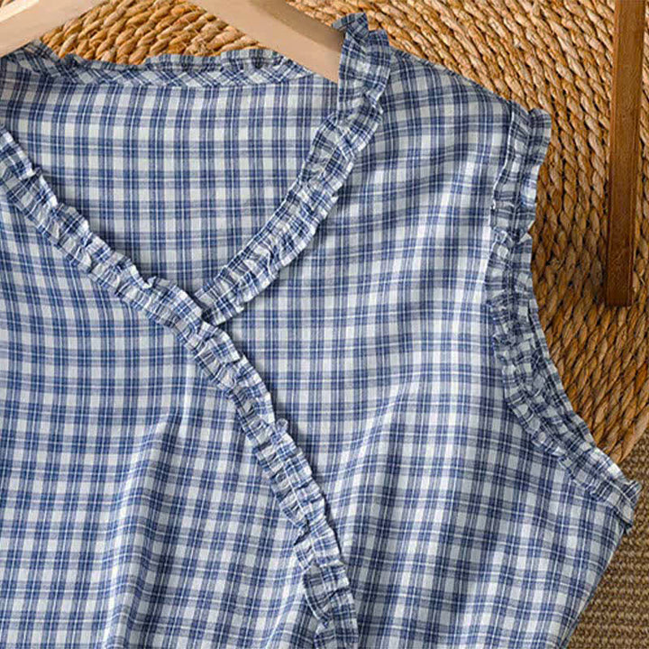Buddha Stones Summer Casual Vintage Ruffle V-Neck Plaid Tank Top Women's Sleeveless T-Shirts - image 4