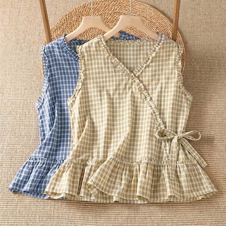 Buddha Stones Summer Casual Vintage Ruffle V-Neck Plaid Tank Top Women's Sleeveless T-Shirts - image 15