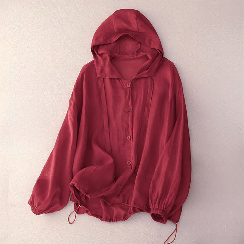 Buddha Stones Summer Casual Minimalist Button-Up Drawstring Solid Women's Long Sleeve Shirts With Pocket - IndianRed - US14, UK/AU18, EU46 (2XL) - image 2