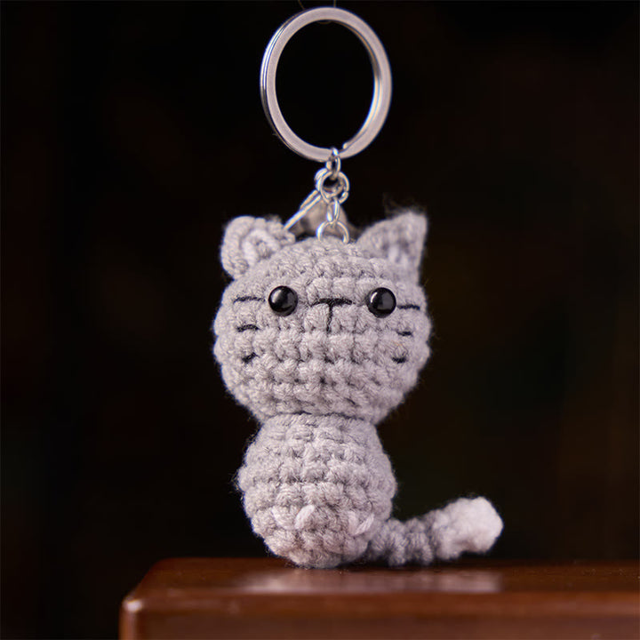 Buddha Stones Handmade Crochet Light Gray Cute Cat Charm Gift Keychains - image 4