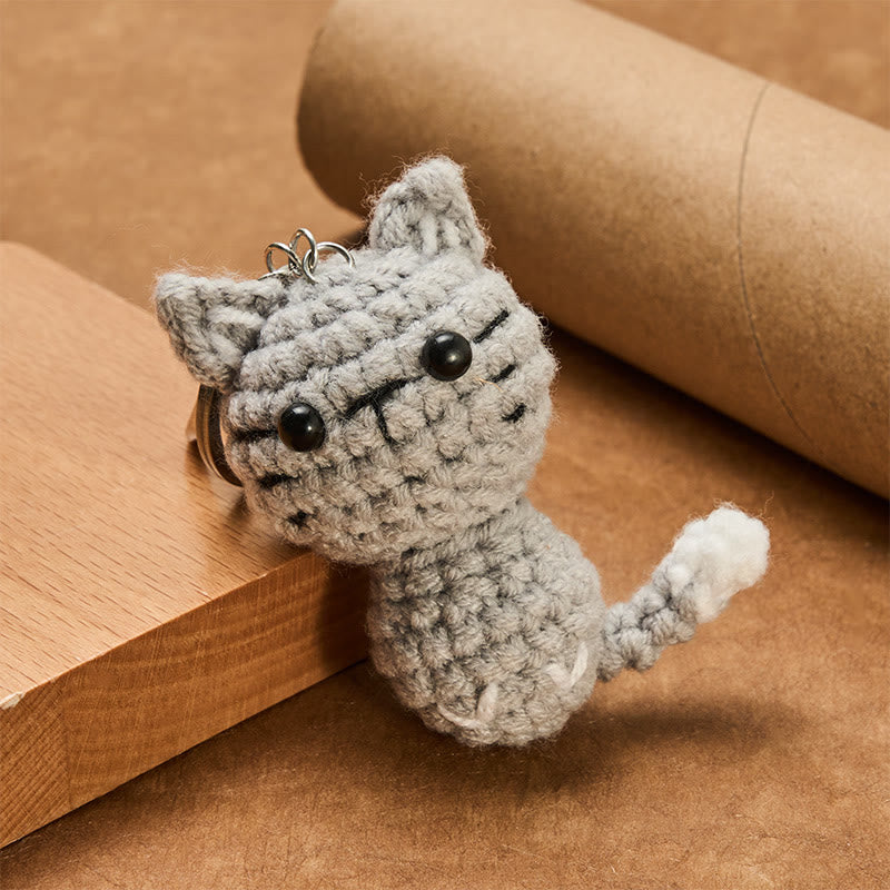 Buddha Stones Handmade Crochet Light Gray Cute Cat Charm Gift Keychains - image 1
