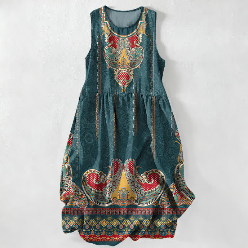 Buddha Stones Summer Casual Persian Paisley Border Pattern Women's Summer Sleeveless Midi Dress With Pockets - Teal - US16，UK/AU20，EU48 (3XL) - image 0