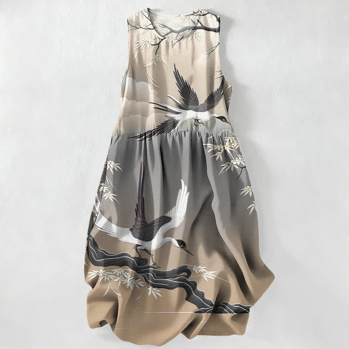 Buddha Stones Summer Casual Crane Bamboo Pattern Women's Summer Sleeveless Midi Dress With Pockets - Tan - US16，UK/AU20，EU48 (3XL) - image 4