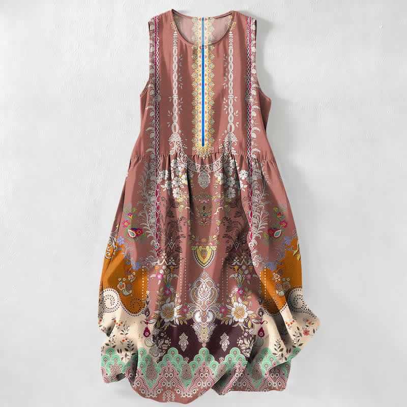 Buddha Stones Summer Casual Vintage Floral Medallions Leaves Pattern Women's Summer Sleeveless Midi Dress With Pockets - LightPink - US16，UK/AU20，EU48 (3XL) - image 5