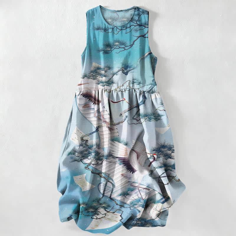 Buddha Stones Summer Casual Ink Wash Crane Pine Pattern Women's Summer Sleeveless Midi Dress With Pockets - PowderBlue - US16，UK/AU20，EU48 (3XL) - image 0