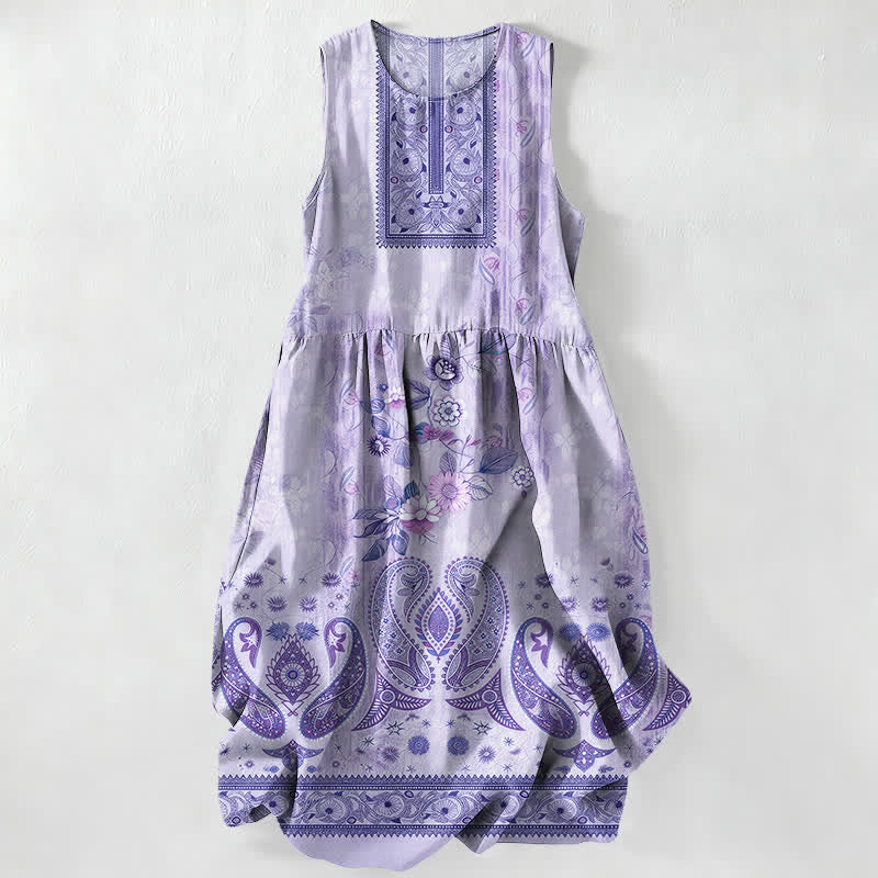 Buddha Stones Summer Casual Vintage Floral Medallions Leaves Pattern Women's Summer Sleeveless Midi Dress With Pockets - SlateBlue - US16，UK/AU20，EU48 (3XL) - image 5
