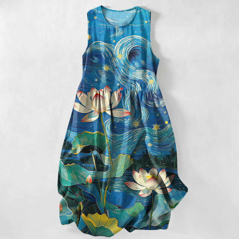 Buddha Stones Summer Casual Lotus Swirl Pattern Women's Summer Sleeveless Midi Dress With Pockets - RoyalBlue - US16，UK/AU20，EU48 (3XL) - image 0