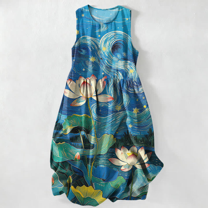 Buddha Stones Summer Casual Lotus Swirl Pattern Women's Summer Sleeveless Midi Dress With Pockets - RoyalBlue - US16，UK/AU20，EU48 (3XL) - image 0