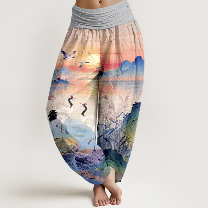 Buddha Stones Cotton Sunrise Mountain Crane Pattern Women's Elastic Waist Harem Pants - LightGrey - US16，UK/AU20，EU48 (3XL) - image 5