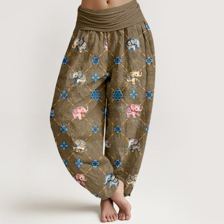 Buddha Stones Cotton Elephant Floral Pattern Women's Elastic Waist Harem Pants - DarkGoldenrod - US16，UK/AU20，EU48 (3XL) - image 5